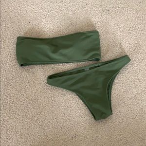 Ribbed olive green bandeau bikini set